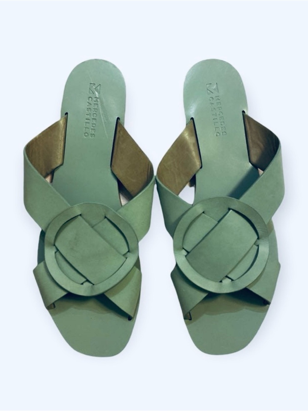 NEVER WORN MERCEDES CASTILLO Sage Green Leather Slide Mules with Circular Accent